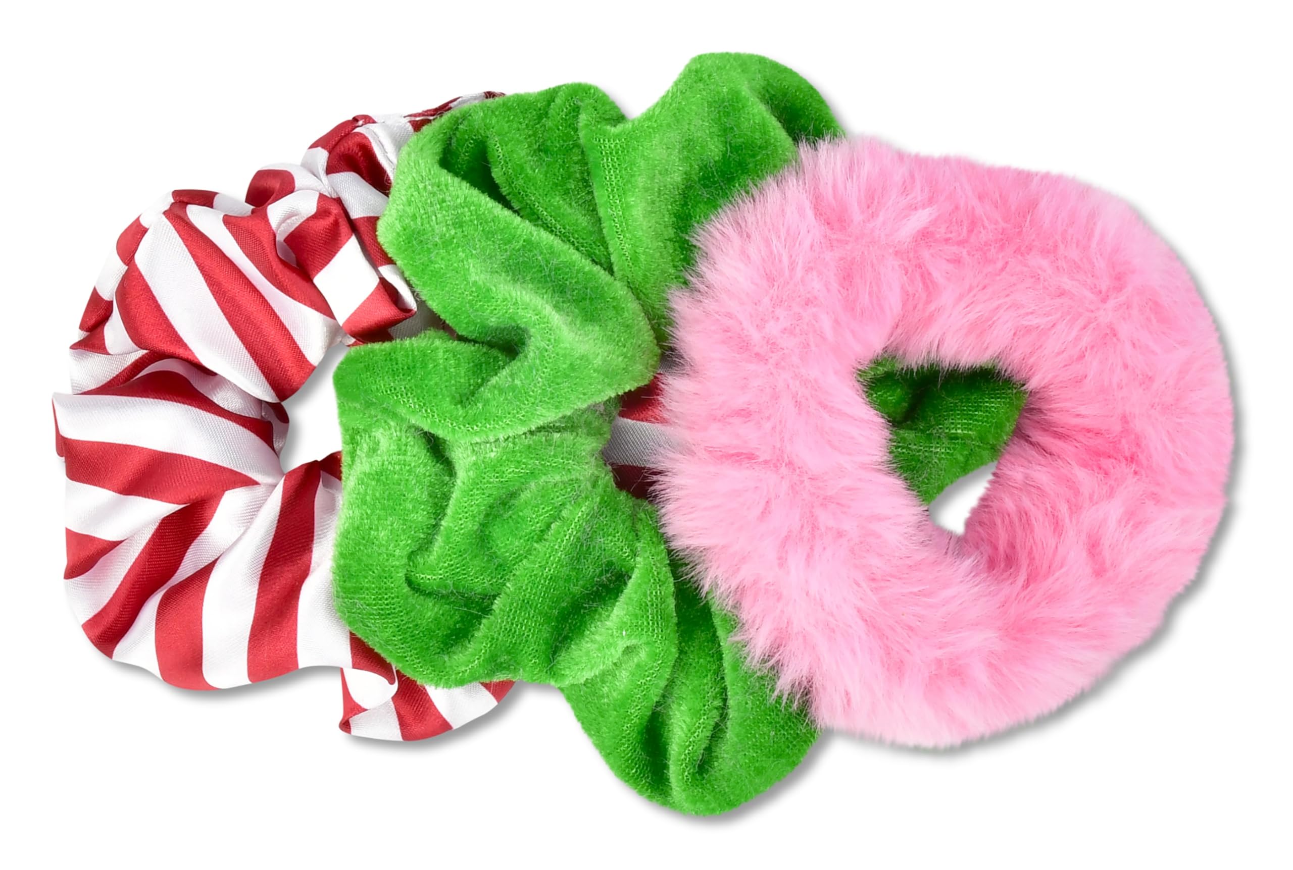 iscream Merry Holiday Set of 3 Scrunchies - Pink Fur, Satin Candy Mint Stripe and Green Velour - Image 3