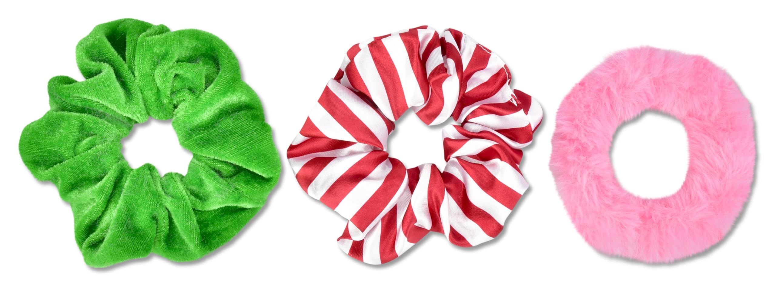 iscream Merry Holiday Set of 3 Scrunchies - Pink Fur, Satin Candy Mint Stripe and Green Velour - Image 4